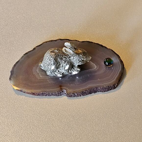 Vintage Pewter Bunny on Agate Slice Crystal with Rainbow Orb - Picture 7 of 7
